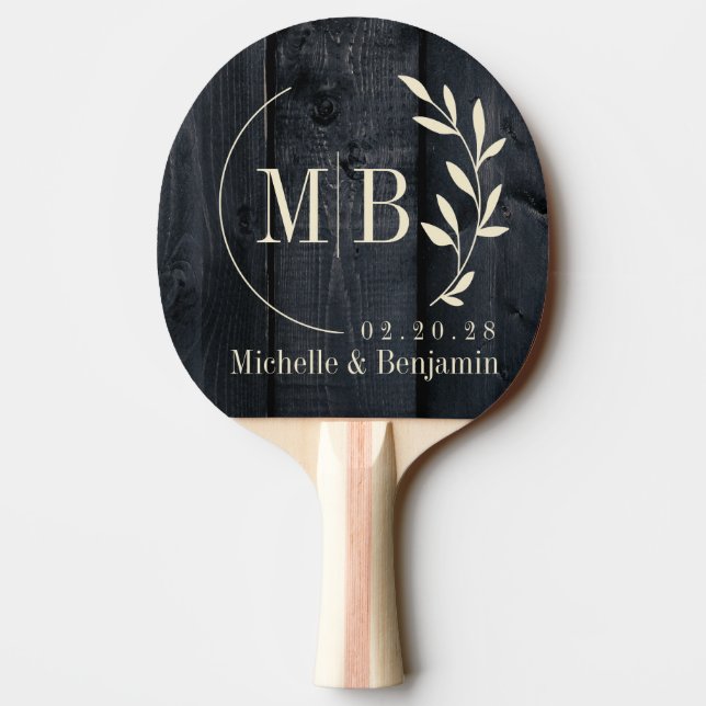 Raquete De Ping Pong Dark Burnt Wood Leaf Wedding Monogram (Verso)