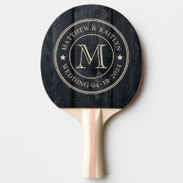 Raquete De Ping Pong Dark Burnt Wood Wedding Monogram Star