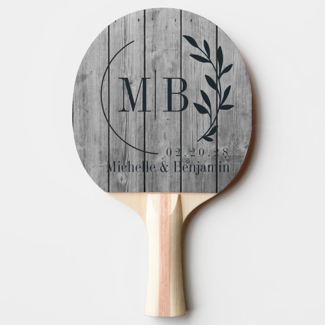 Raquete De Ping Pong Dark Clean Gray Wood Leaf Wedding Monogram (Verso)
