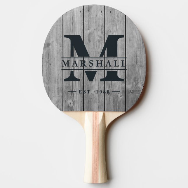 Raquete De Ping Pong Dark Clean Gray Wood Monogram & Name Overlay (Verso)