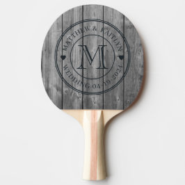 Raquete De Ping Pong Dark Clean Gray Wood Wedding Monogram Heart