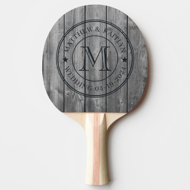 Raquete De Ping Pong Dark Clean Gray Wood Wedding Monogram Star (Frente)