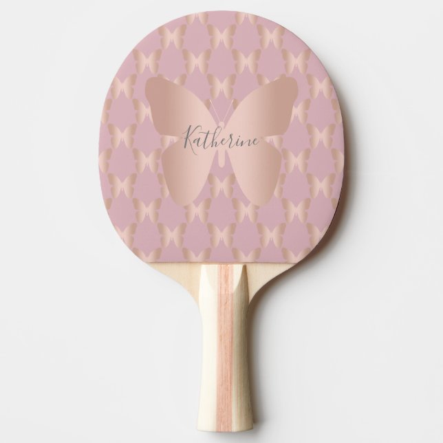 Raquete De Ping Pong Design de borboleta de ouro elegante e rosa modern (Frente)