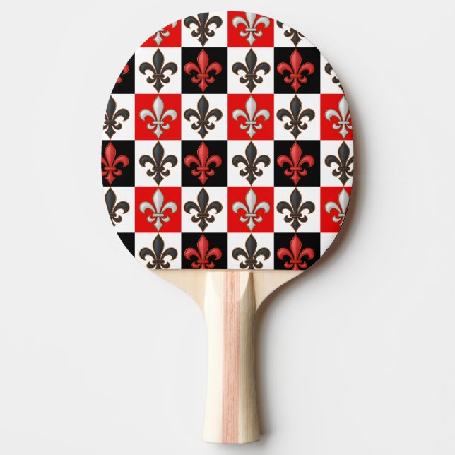 Raquete De Ping Pong Design de Fleur-de-lis, branco-preto-vermelho (Frente)