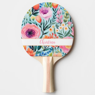 Raquete De Ping Pong design de flores coloridas de verão com nome