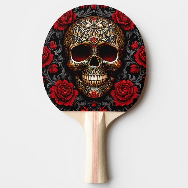 Raquete De Ping Pong Dia de los Muertos Skull com Rosas vermelhas (Frente)