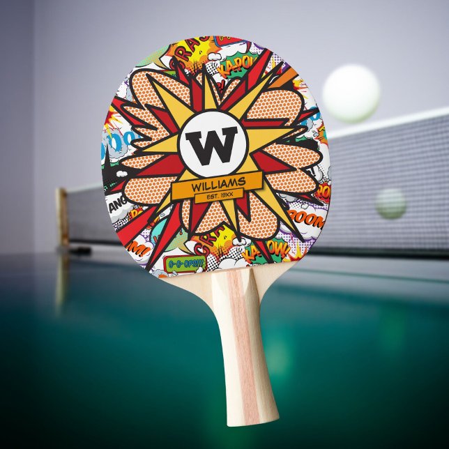 Raquete De Ping Pong Diversão Moderna Nome da Família Monograma Comic B (Fun Modern Family Name Monogram Comic Book Ping Pong Paddle)