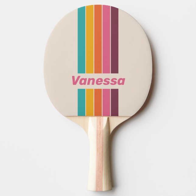 Raquete De Ping Pong Doces Antigos Pingente Arco-íris Listrado com Nome (Frente)