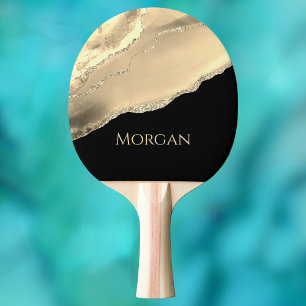 Raquete De Ping Pong Dourado Agate & Glitter, Nome Dourado em Preto