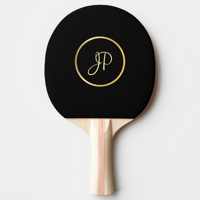 Raquete De Ping Pong Dourado Monograma Elegante Modelo Preto Personaliz (Frente)