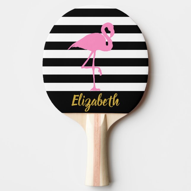 Raquete De Ping Pong Dourado Script Flamingo, preto e branco, rosa (Frente)