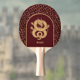 Raquete De Ping Pong Dragão Dourado e Estrelas e Lua Medievais em Marro