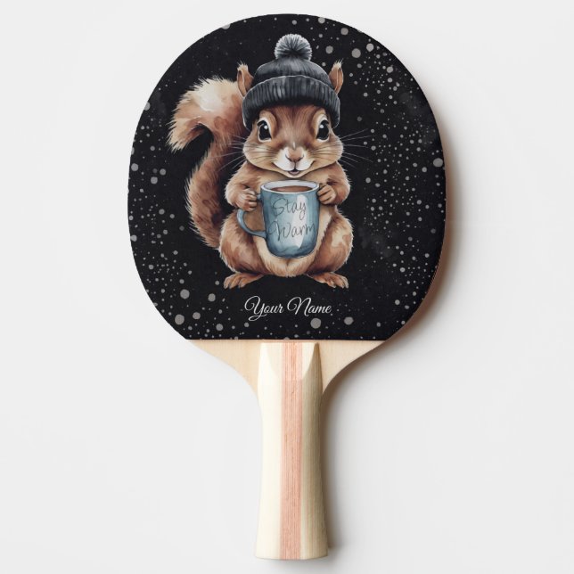 Raquete De Ping Pong Eichhörnchen mit Tasse und Schnee „Stay Warm“ (Frente)