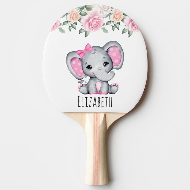 Raquete De Ping Pong Elefante-Bebê-Rosa-Gelado com Limite de Rosas (Frente)