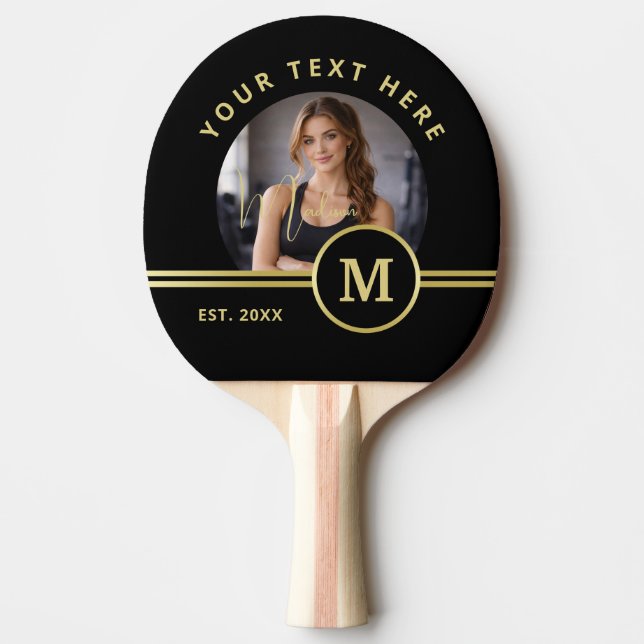 Raquete De Ping Pong Elegant Gold Signature Monogram with Photo (Frente)