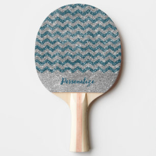 Raquete De Ping Pong Elegante Blue Silver Glitter Chevron Zig Zag