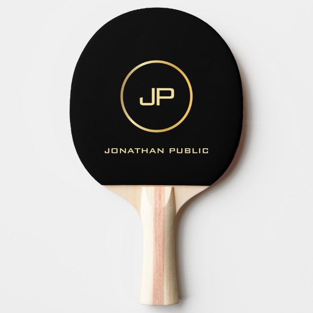 Raquete De Ping Pong Elegante de Monograma Dourado de Modelo preto pers (Frente)