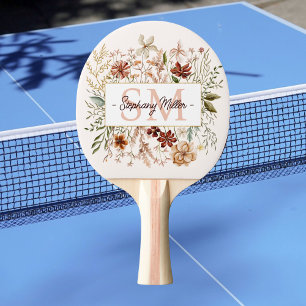Raquete De Ping Pong Elegante Monograma Aquarela Floral de Flores Silve