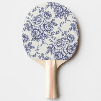 Raquete De Ping Pong Elegantes Rosas Florais Azuis Creme Toile de Jouy