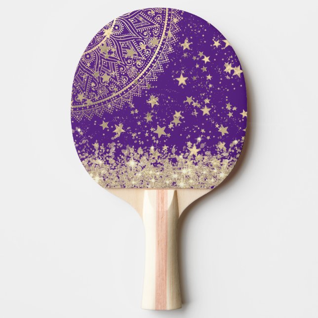Raquete De Ping Pong Encantando Mandala com Douradas Estrelas em Roxo (Frente)