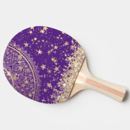 Raquete De Ping Pong Encantando Mandala com Douradas Estrelas em Roxo
