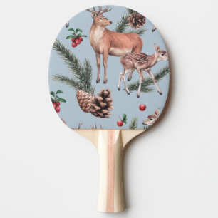 Raquete De Ping Pong Esboço dos animais de inverno, fundo azul.