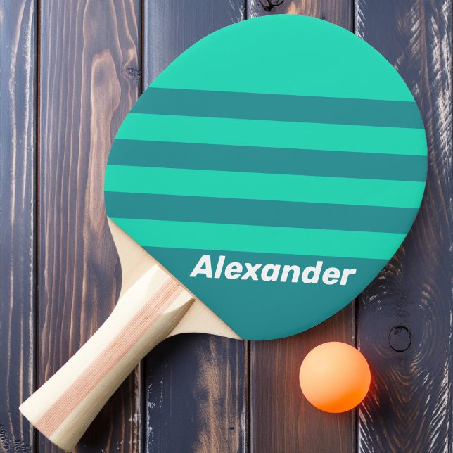 Raquete De Ping Pong Esporte Teal Beach Breeze Stripes com nome (Criador carregado)
