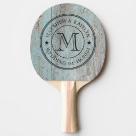 Raquete De Ping Pong Estrela de Monograma de Casamento em Madeira Pinta
