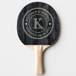 Raquete De Ping Pong Estrela de Monograma de Casamento em Madeira Queim