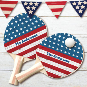 Raquete De Ping Pong Estrelas Bandeiras Americanas Madeira Rústica Patr