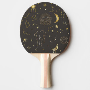 Raquete De Ping Pong Estrelas Douradas Celestiais, Lua e Constelações