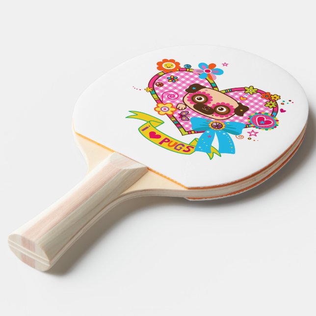 Raquete De Ping Pong Eu Adoro Pugs! Ping Pong Paddle (Frente inclinada)