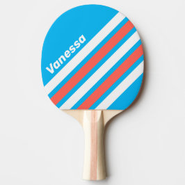 Raquete De Ping Pong Faixas Anguladas em Azul Céu Claro Retro com Nome