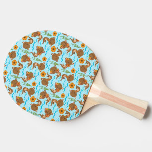 Raquete De Ping Pong Família de Lontras Flores Laranjas Animais Aquátic