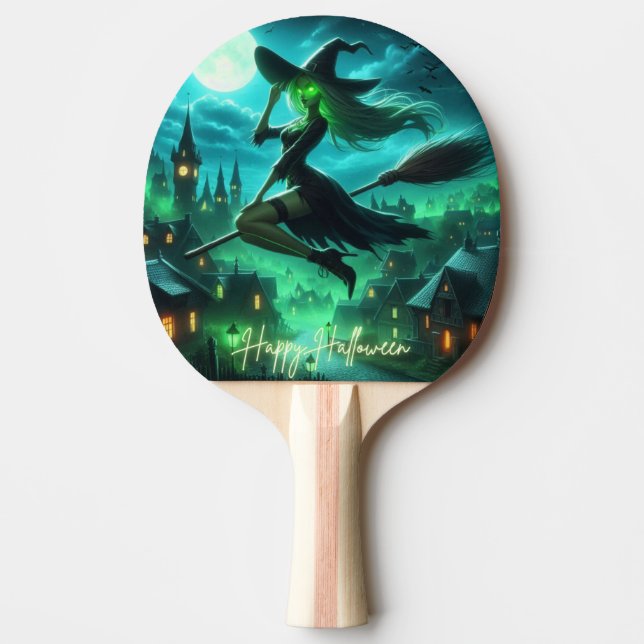 Raquete De Ping Pong Feiticeira de Halloween verde-Spooky (Frente)