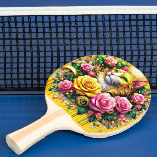 Raquete De Ping Pong Feline em meio a um Blogue Floral Vibrante