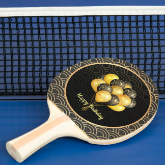 Raquete De Ping Pong Feliz aniversário, elegante preto e ouro,