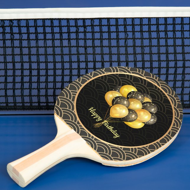 Raquete De Ping Pong Feliz aniversário, elegante preto e ouro, (Insitu)