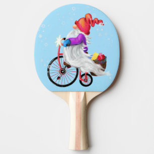 Raquete De Ping Pong Feliz Natal - Gnomo Engraçado com Bicicleta e Pre