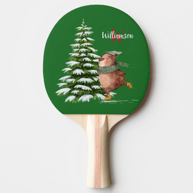 Raquete De Ping Pong Feliz Natal Monograma Nome Urso da Árvore  (Frente)