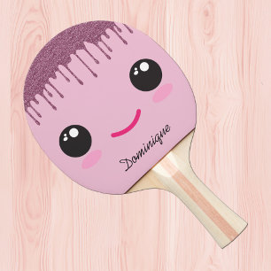 Raquete De Ping Pong Feliz Rosto Kawaii Falso Brilho Nome Personalizáve