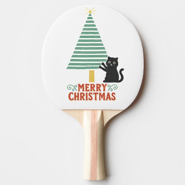 Raquete De Ping Pong Feriado de Árvore de Natal Feliz Gato Preto (Frente)