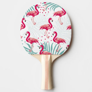 Raquete De Ping Pong Flamingo tropical e folhas, padrão de verão.