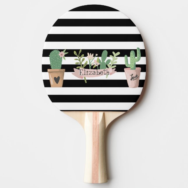Raquete De Ping Pong Flor Cactus - Stripes Brancas Pretas (Frente)