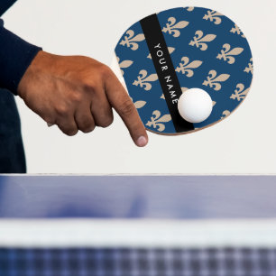 Raquete De Ping Pong Flor de Lis, Bege sobre Azul Marinho, Real, Seu No