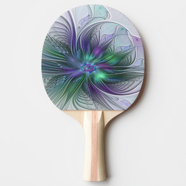 Raquete De Ping Pong Flor Moderna Abstrata Fractal Verde Roxo (Frente)