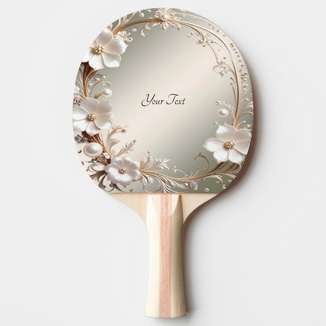 Raquete de Ping Pong Floral Branca Ornamentada (Frente)