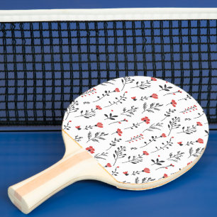Raquete De Ping Pong Floral Elegante - Padrão Botânico Vermelho e Preto