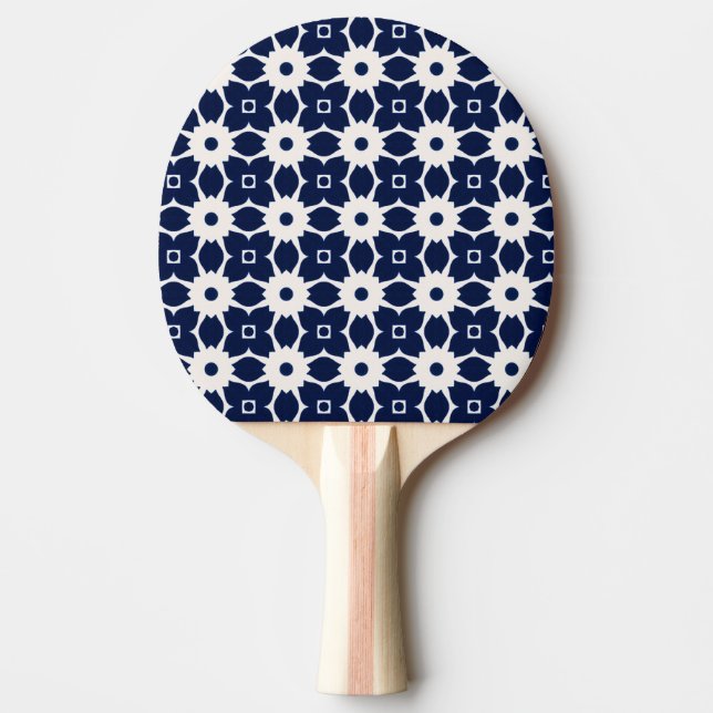 Raquete De Ping Pong Floral Geométrico marinho Azul e Branco (Frente)