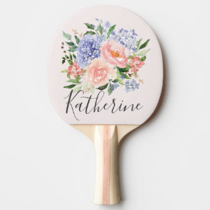 Raquete De Ping Pong Floral Primaveril Rosa Azul Aquarela Monogramada